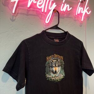 1998 Vintage Harley-Davidson Black Tee with Wolf Design